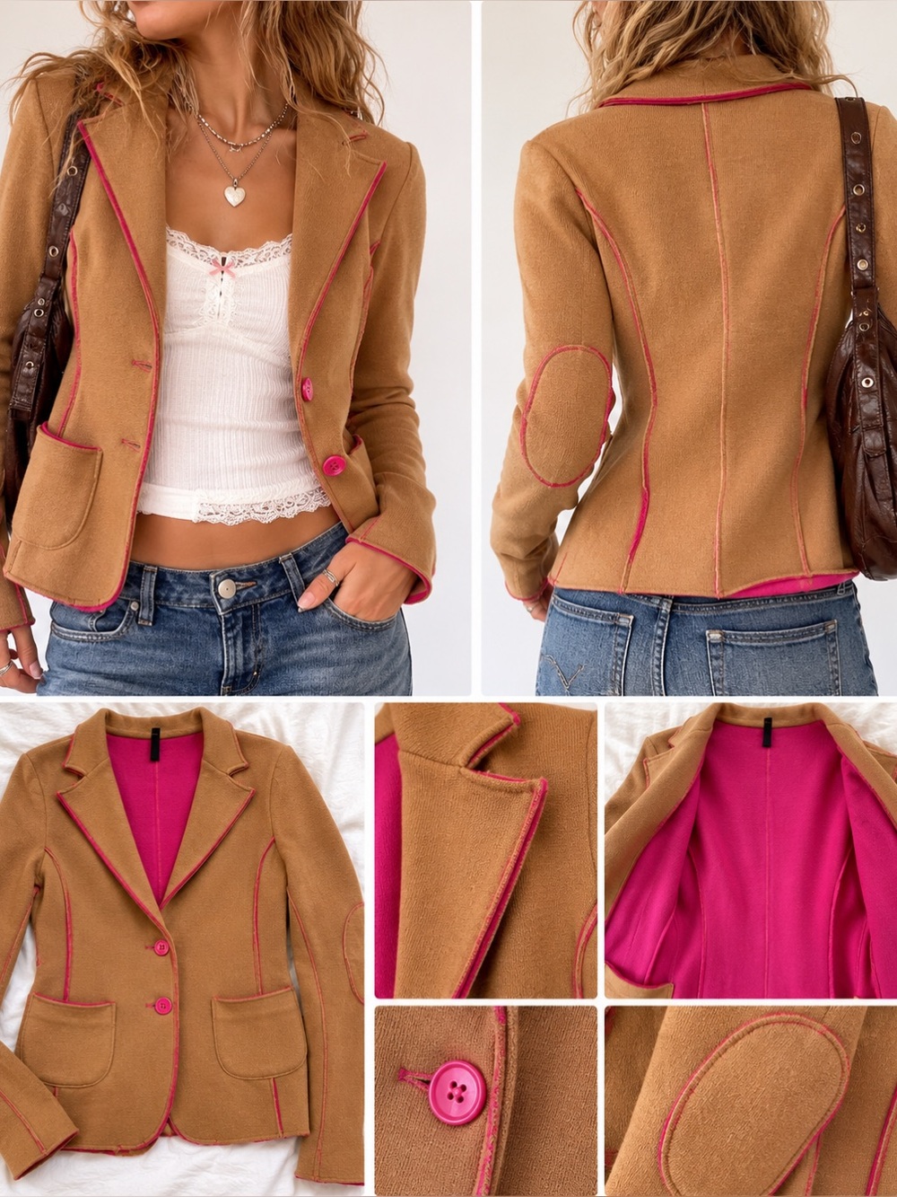 Y2K Camel Brown Hot Pink Contrast Stitch Fitted Knit Blazer Jacket